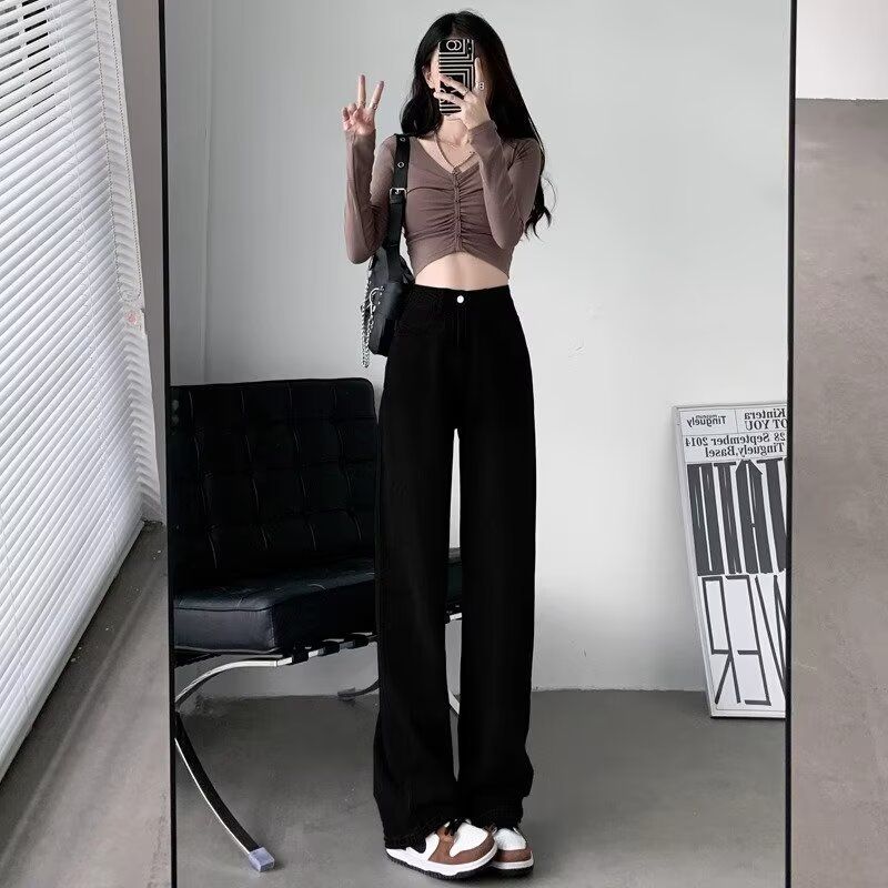 High Waist Straight Leg White Jeans For Women, Flowy Wide Leg Trousers, Stretchy Comfort Fit, Classic Denim Pants, Plus Size Available_mkmklike.com