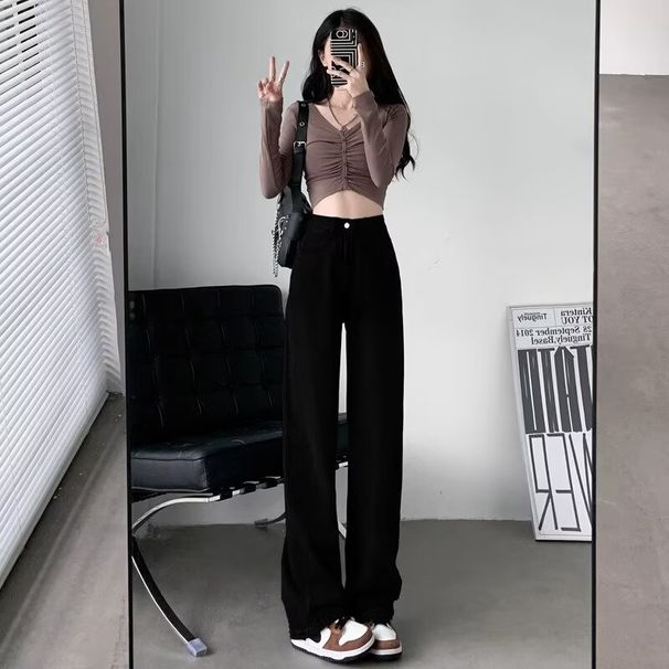 High Waist Straight Leg White Jeans For Women, Flowy Wide Leg Trousers, Stretchy Comfort Fit, Classic Denim Pants, Plus Size Available_mkmklike.com