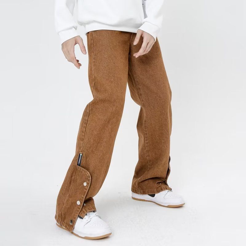 Nordmann Brown Workwear Jeans For Men, Autumn And Winter Design, Niche Casual Pants With Side Zipper, Loose Straight-Leg Trousers_mkmklike.com