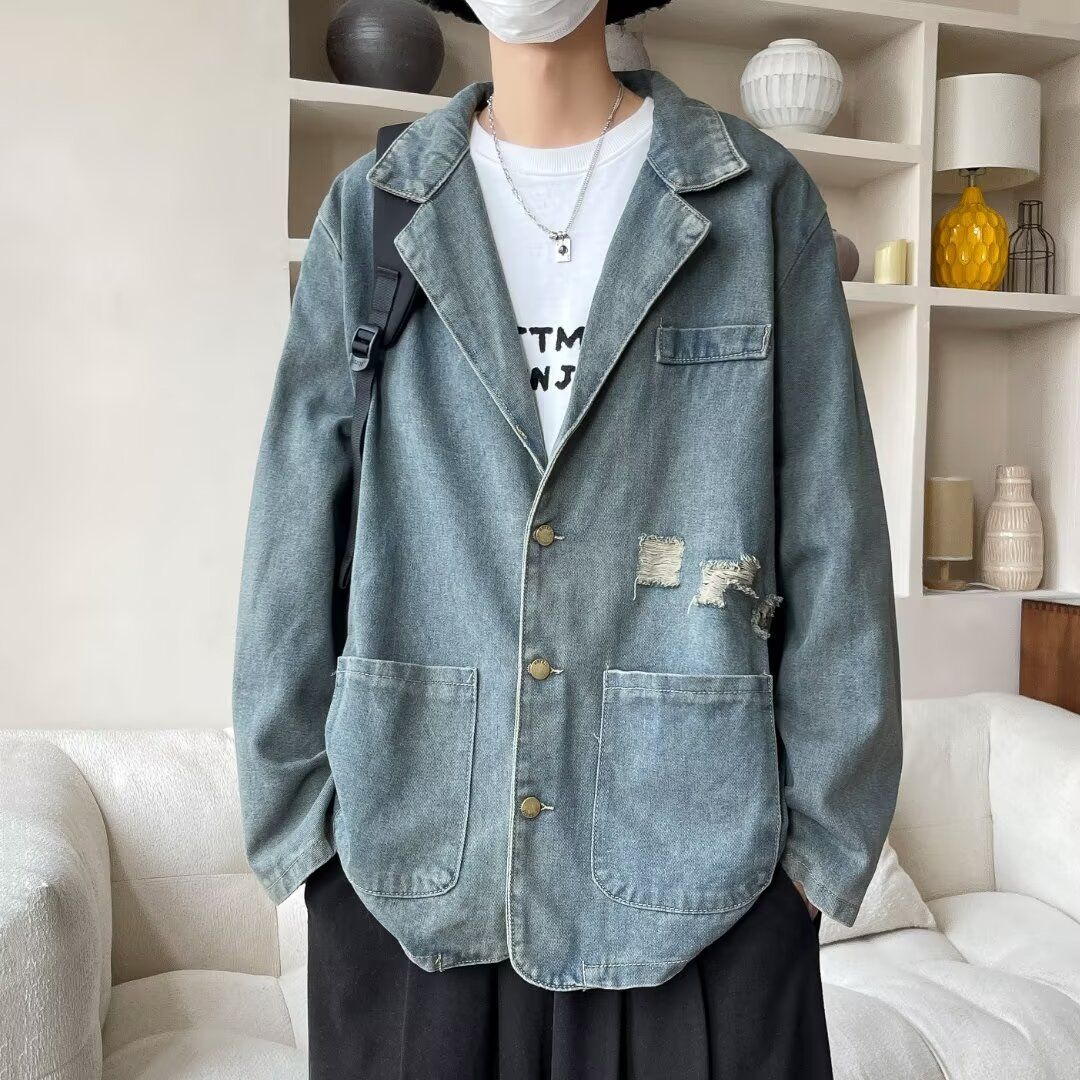 Vintage Washed Ripped Loose Suit Collar Denim Jacket_mkmklike.com