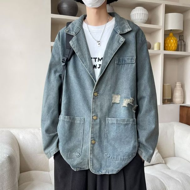 Vintage Washed Ripped Loose Suit Collar Denim Jacket_mkmklike.com