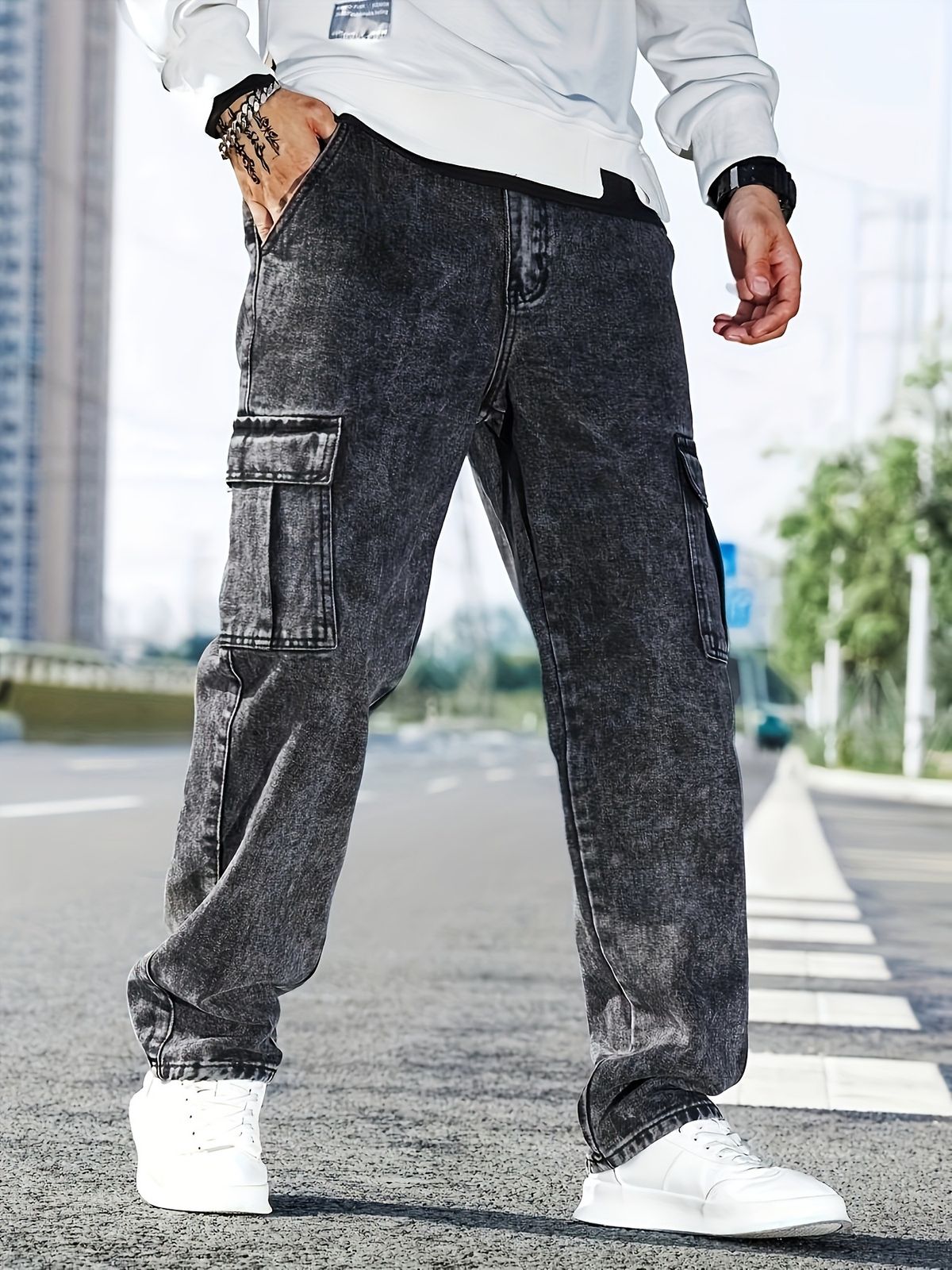 Men's Clothing Men's Cargo Workwear Jeans - Oversized Utility Denim Pants With Multi-Pockets (Gray, S-XXL)_mkmklike.com