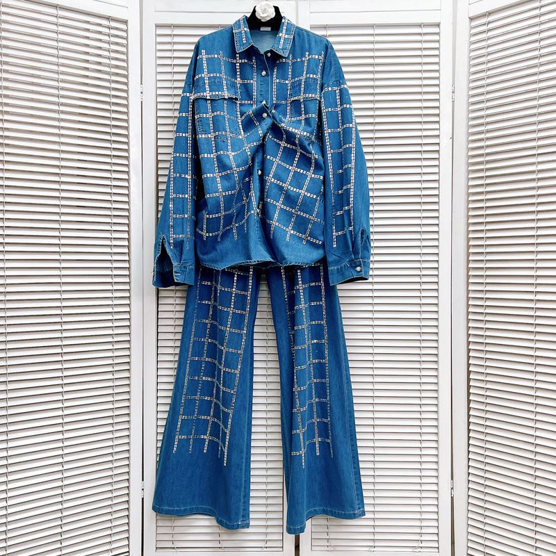 Women's Clothing design heavy diamond plaid denim shirt top loose hot diamond casual jeans suit_mkmklike.com