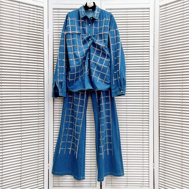 Women's Clothing design heavy diamond plaid denim shirt top loose hot diamond casual jeans suit_mkmklike.com