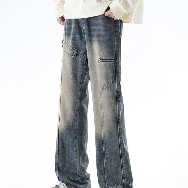 Men's Clothing High Street Zipper Jeans Men And Women Retro Loose Straight Wide Leg Mopping Pants_mkmklike.com
