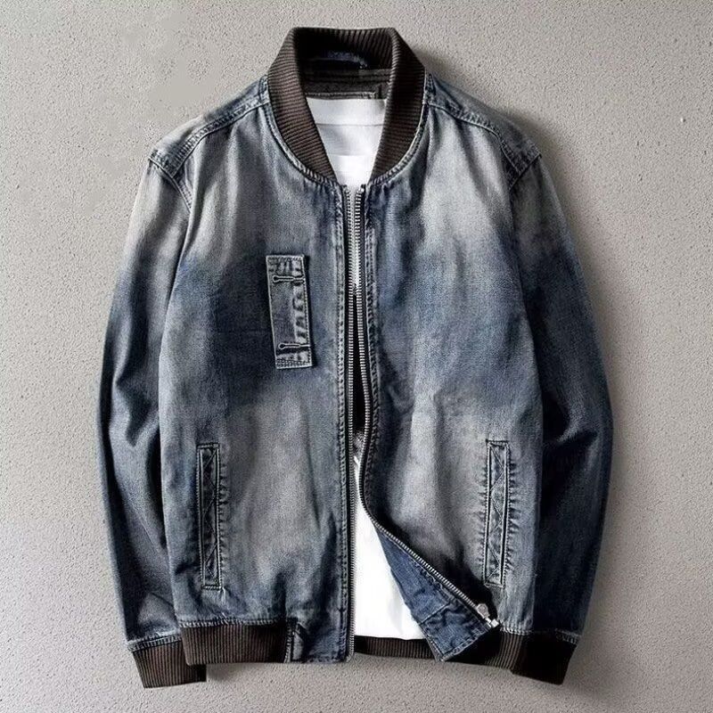 Retro Stand Up Collar Denim Jacket Motorcycle Jacket Handsome Denim Jacket_mkmklike.com