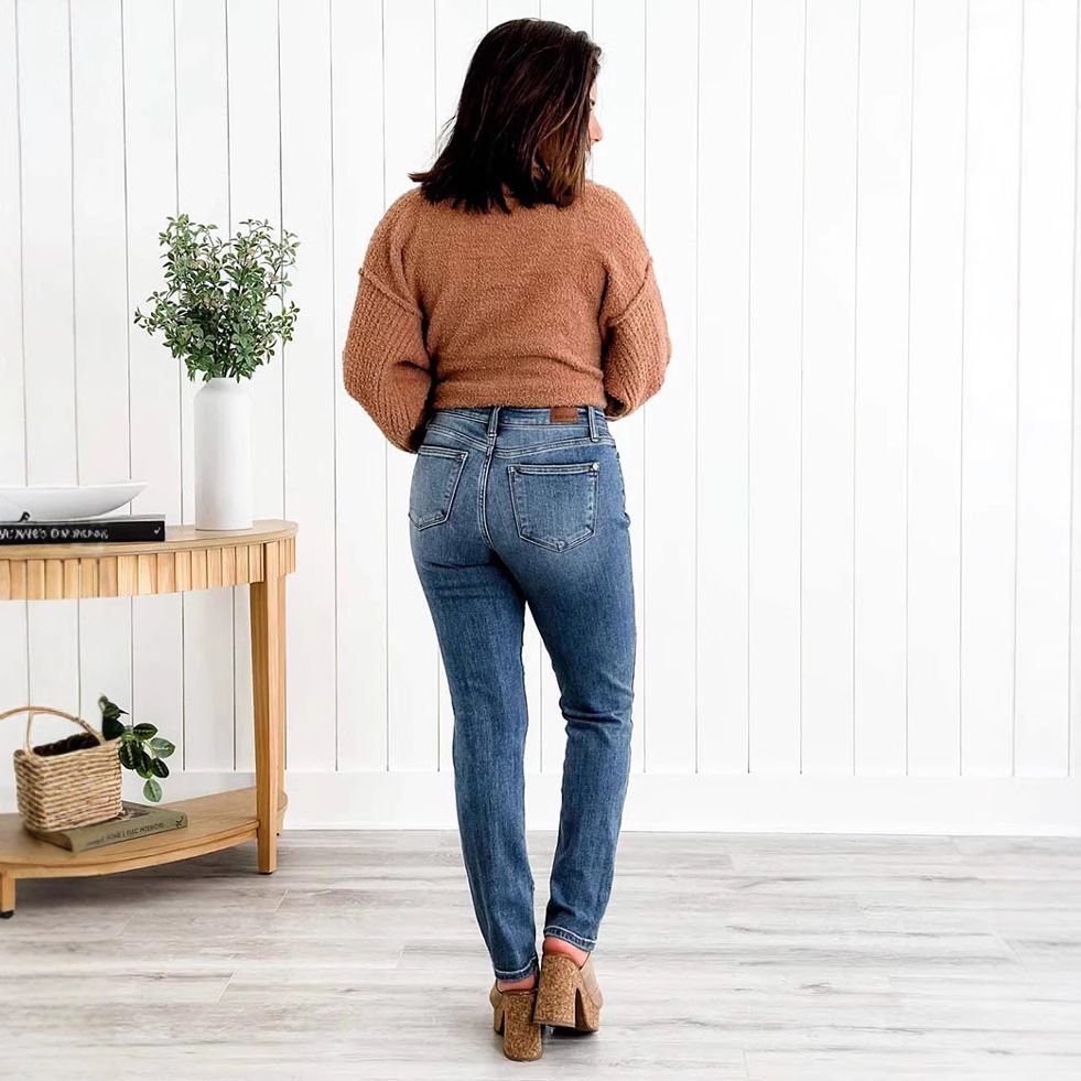 Women's Slim Fit Stretch Denim Jeans - Mid Rise Straight Leg Skinny Pants For Petite Mid Waist Elastic Slim Fit Straight Denim Pencil Pants_mkmklike.com