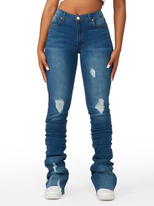 Women's Clothing High Waist Layered Denim Flared Pants Trendy Slim Fit Ripped Slimming Ladies Straight Barrel Pants_mkmklike.com