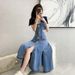 Yujie Fan's Contrasting Color Big Lapel Waist A-Line 2025 Slimming Early Autumn Dress With Slit Dim Long Skirt For_mkmklike.com