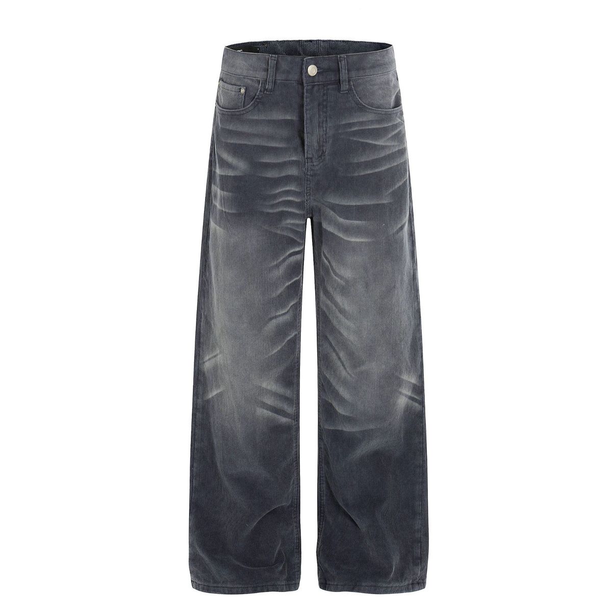 Men's Relaxed Fit Corduroy Cargo Pants With Distressed Cat Whisker Design - High Street Style, Multi-Pocket Utility Pants For Casual Wear (Blue)_mkmklike.com