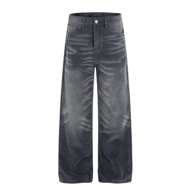 Men's Relaxed Fit Corduroy Cargo Pants With Distressed Cat Whisker Design - High Street Style, Multi-Pocket Utility Pants For Casual Wear (Blue)_mkmklike.com