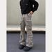 Vintage Washed Gray Cargo Pants – Relaxed Wide-Leg Fit, Multi-Pocket Utility Design, Streetwear Staple, Retro Denim Trousers For Men_mkmklike.com