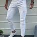 Men's Slim Fit White Distressed Jeans - High Street Fashion Straight Leg Ripped Patchwork Casual Pants_mkmklike.com