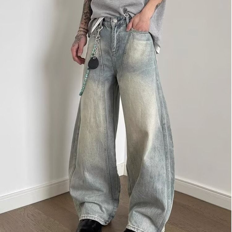 Vintage Washed Distressed Denim Jeans Unisex High Waisted Loose Fit Wide Leg Streetwear Pants With Button Fly & Deconstructed Hem_mkmklike.com