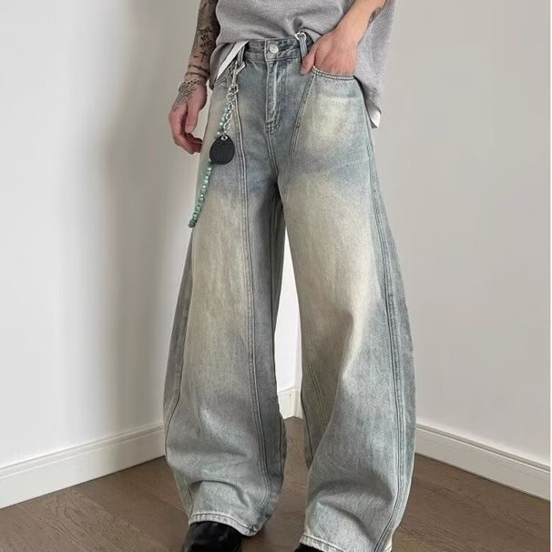 Vintage Washed Distressed Denim Jeans Unisex High Waisted Loose Fit Wide Leg Streetwear Pants With Button Fly & Deconstructed Hem_mkmklike.com