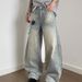 Vintage Washed Distressed Denim Jeans Unisex High Waisted Loose Fit Wide Leg Streetwear Pants With Button Fly & Deconstructed Hem_mkmklike.com