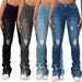 Women's Clothing High Waist Layered Denim Flared Pants Trendy Slim Fit Ripped Slimming Ladies Straight Barrel Pants_mkmklike.com
