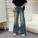 Men's Straight Leg Lightning Stripe Jeans High Street Style Washed Patchwork Design Versatile And Stylish Long Pants_mkmklike.com