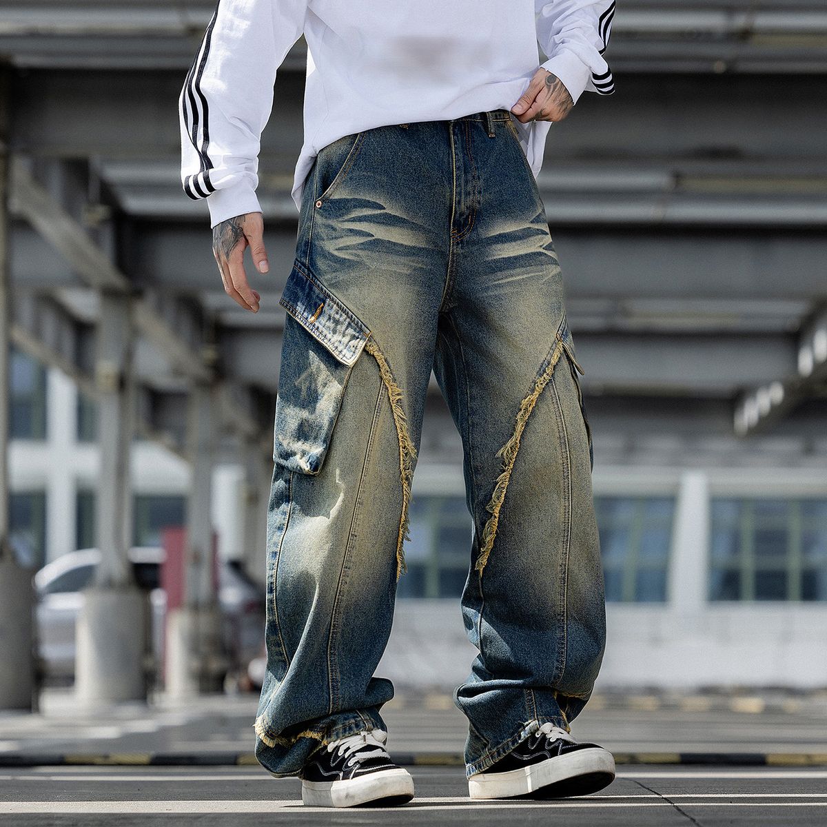 Men's Vintage Distressed Straight Leg Jeans Retro Blue Breathable Casual Wide Leg Cotton Pants mid Waist Long Length_mkmklike.com