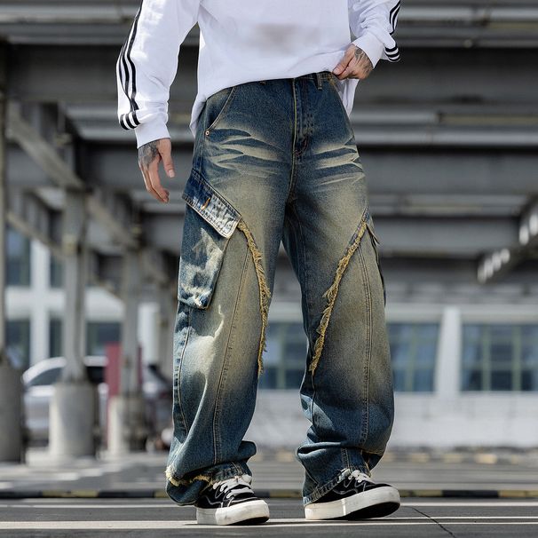 Men's Vintage Distressed Straight Leg Jeans Retro Blue Breathable Casual Wide Leg Cotton Pants mid Waist Long Length_mkmklike.com