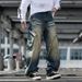 Men's Vintage Distressed Straight Leg Jeans Retro Blue Breathable Casual Wide Leg Cotton Pants mid Waist Long Length_mkmklike.com
