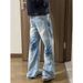 Light Blue Heavyweight Jeans Lightning Bolt Pattern Straight Leg Washed Gradient Flared Trousers American High Street Style_mkmklike.com