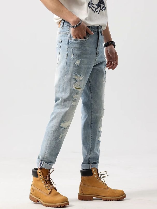 Women's Cropped Ripped Jeans Elastic Waist Loose Fit Korean Style Mid Waist Versatile Harem Style_mkmklike.com