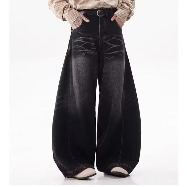 Unisex High Street Loose Fitting Casual Wide Leg Jeans Black Curved Blade Distressed Retro Whiskering Design_mkmklike.com