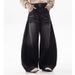 Unisex High Street Loose Fitting Casual Wide Leg Jeans Black Curved Blade Distressed Retro Whiskering Design_mkmklike.com