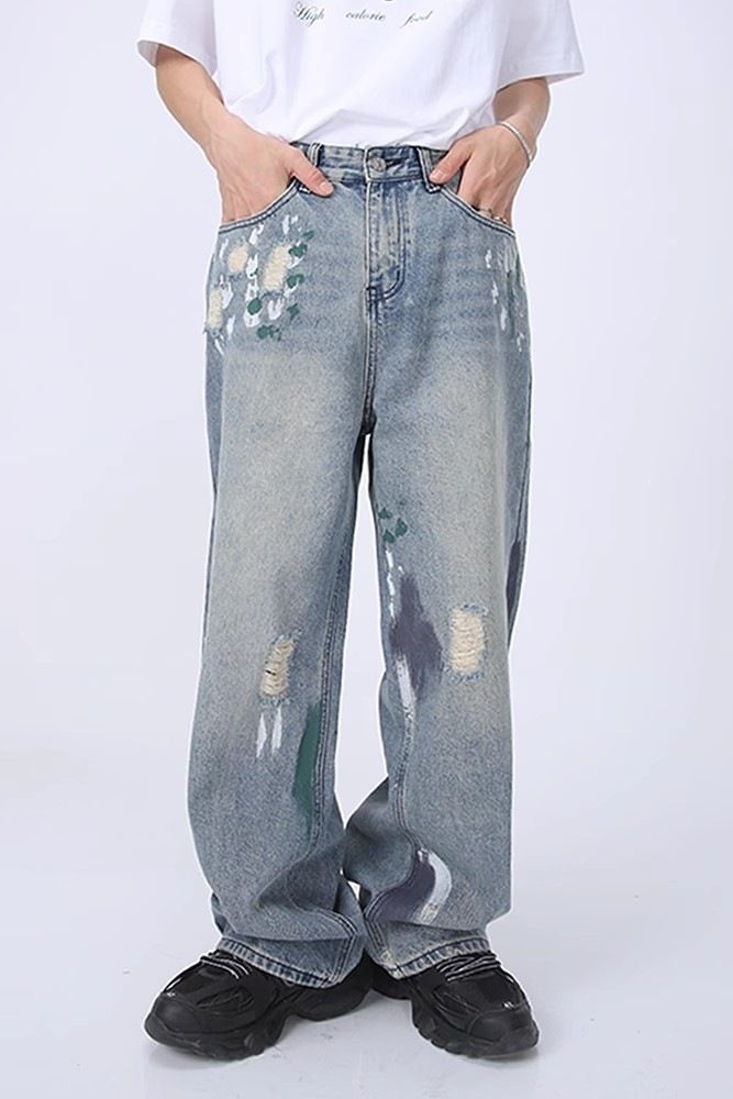Vibe Style Niche Design Graffiti Ripped Jeans High Street Slimming Floor Length Trousers Trendy_mkmklike.com