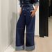 Women's Dark Blue High-Waisted Double Button Wide Leg Jeans Topstitching Rolled up Hem Patchwork Floor-Length Cargo Pants_mkmklike.com