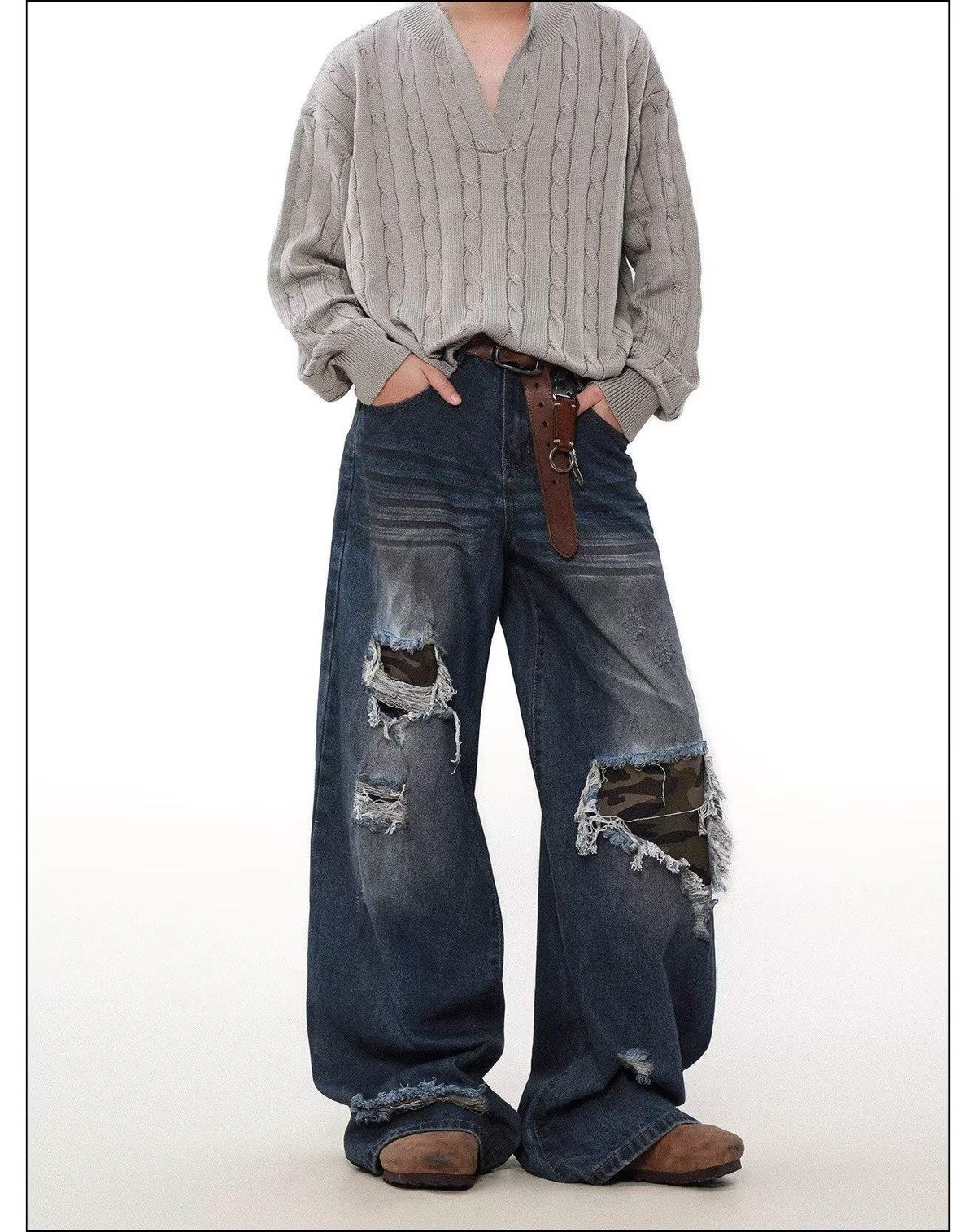 Men's Clothing Wasteland Style Dirty Dyed Hole Jeans Men's Summer High Street Vibe Flared Straight Casual Loose Pants_mkmklike.com