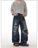 Men's Clothing Wasteland Style Dirty Dyed Hole Jeans Men's Summer High Street Vibe Flared Straight Casual Loose Pants_mkmklike.com