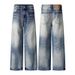 Men's Clothing American High Street Vibe Washed Blue Distressed Cat Whisker Jeans For Men And Women Cleanfit Loose Straight Wide Leg Pants Trend_mkmklike.com