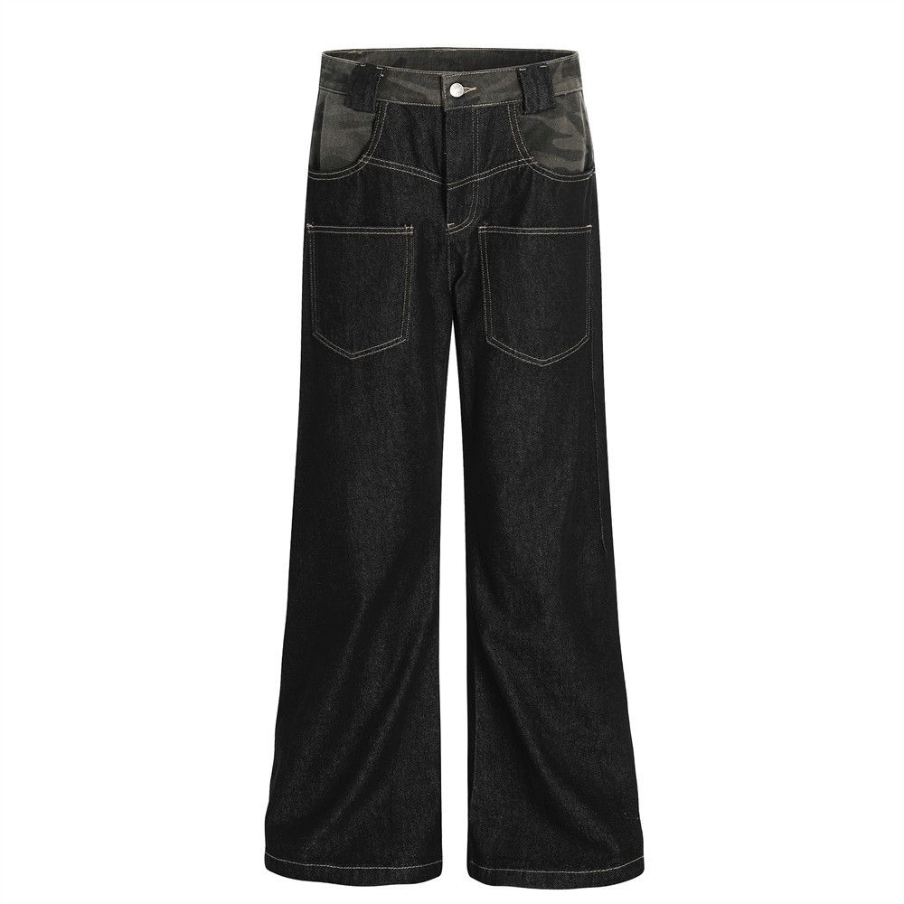 Camouflage Patchwork Original Color Flared Jeans Men's American Street Hip-Hop Reverse-Wear Design Pocket Wide-Leg Pants_mkmklike.com