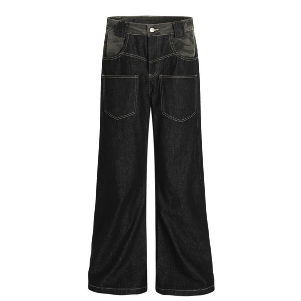 Camouflage Patchwork Original Color Flared Jeans Men's American Street Hip-Hop Reverse-Wear Design Pocket Wide-Leg Pants_mkmklike.com