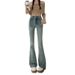 American-style High-waisted Flared Jeans Women, 2024 Spring/autumn, Slimming And Height-enhancing, With Rhinestones,_mkmklike.com
