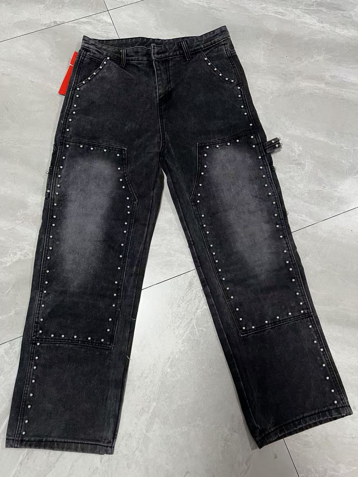 Distressed Washed Denim Jeans For Men - Vintage Industrial Rivet Design, Relaxed Straight Fit, Heavyweight Cotton Workwear Pants_mkmklike.com