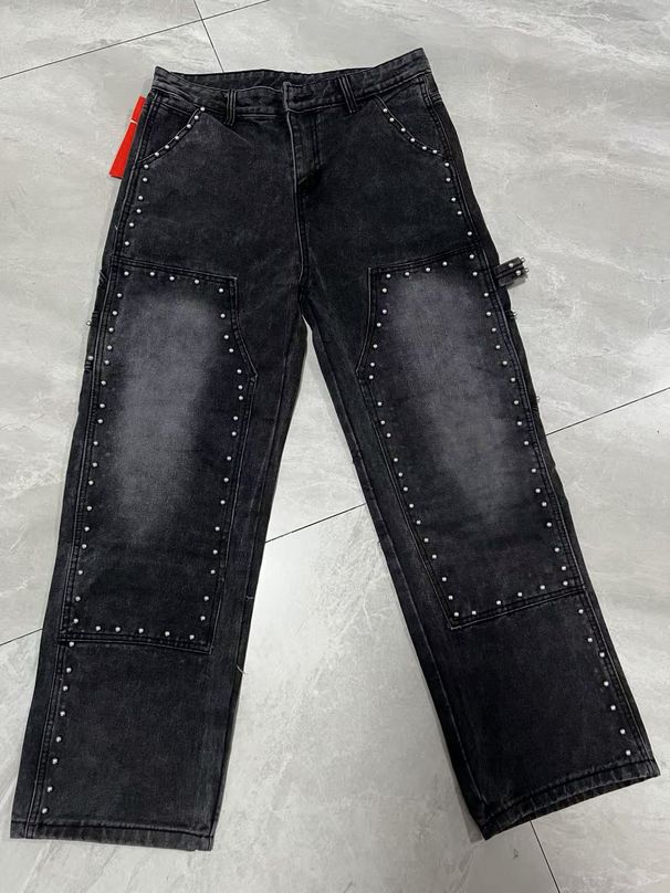 Distressed Washed Denim Jeans For Men - Vintage Industrial Rivet Design, Relaxed Straight Fit, Heavyweight Cotton Workwear Pants_mkmklike.com