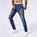 Men's Clothing Patch Rivet Jeans Men's Blue Elastic Small Straight Leg Slim Hole Jeans_mkmklike.com