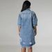 K Large Size Women's New Denim Ripped Tassel Short Sleeved Lapel Dress_mkmklike.com