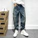 Trendy Brand Retro Heavy Ripped Tooling Jeans Men's American High Street Loose Small Straight Trousers Men's Tapered Pants_mkmklike.com
