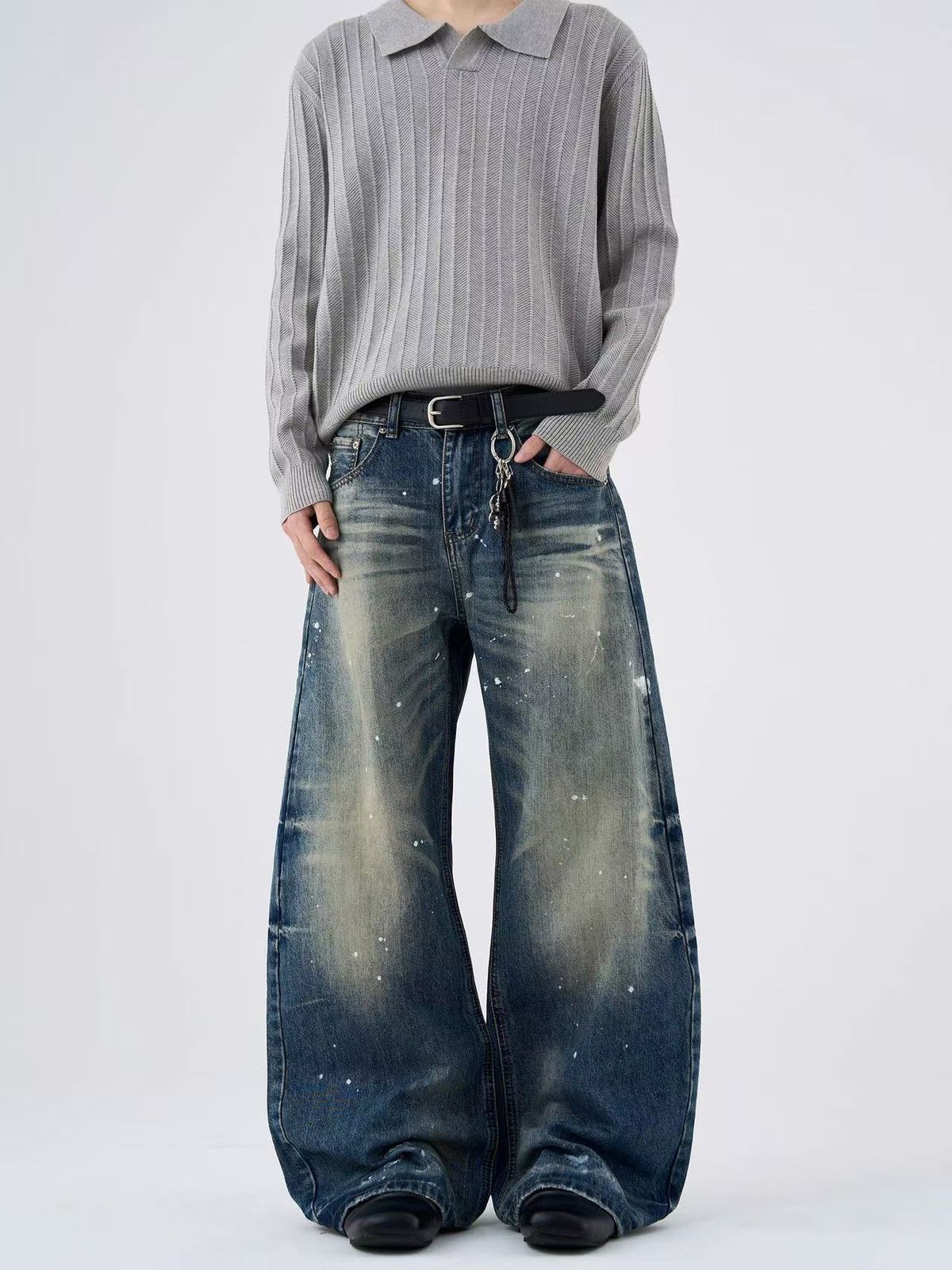 Vintage Washed Ink Splatter Jeans – Distressed Wide Leg, Unisex High Street Pants With Cutaway Details_mkmklike.com