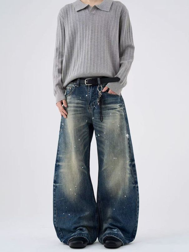 Vintage Washed Ink Splatter Jeans – Distressed Wide Leg, Unisex High Street Pants With Cutaway Details_mkmklike.com