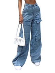Women's Clothing Women's Jeans Washed Large Pocket Loose Women's Denim Trousers_mkmklike.com