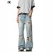 Men's Clothing Vintage Washed Blue Distressed Flared Jeans For Men & Women - High Street Vibe, Loose Fit, Slimming Summer Casual Pants_mkmklike.com