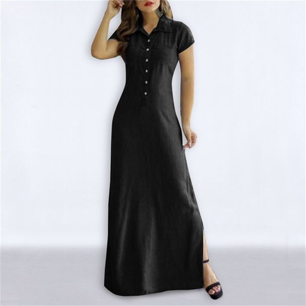 Women's Clothing Women's Long Skirt Shirt Collar Slit Big Swing Skirt Large Size Casual Denim Dress_mkmklike.com