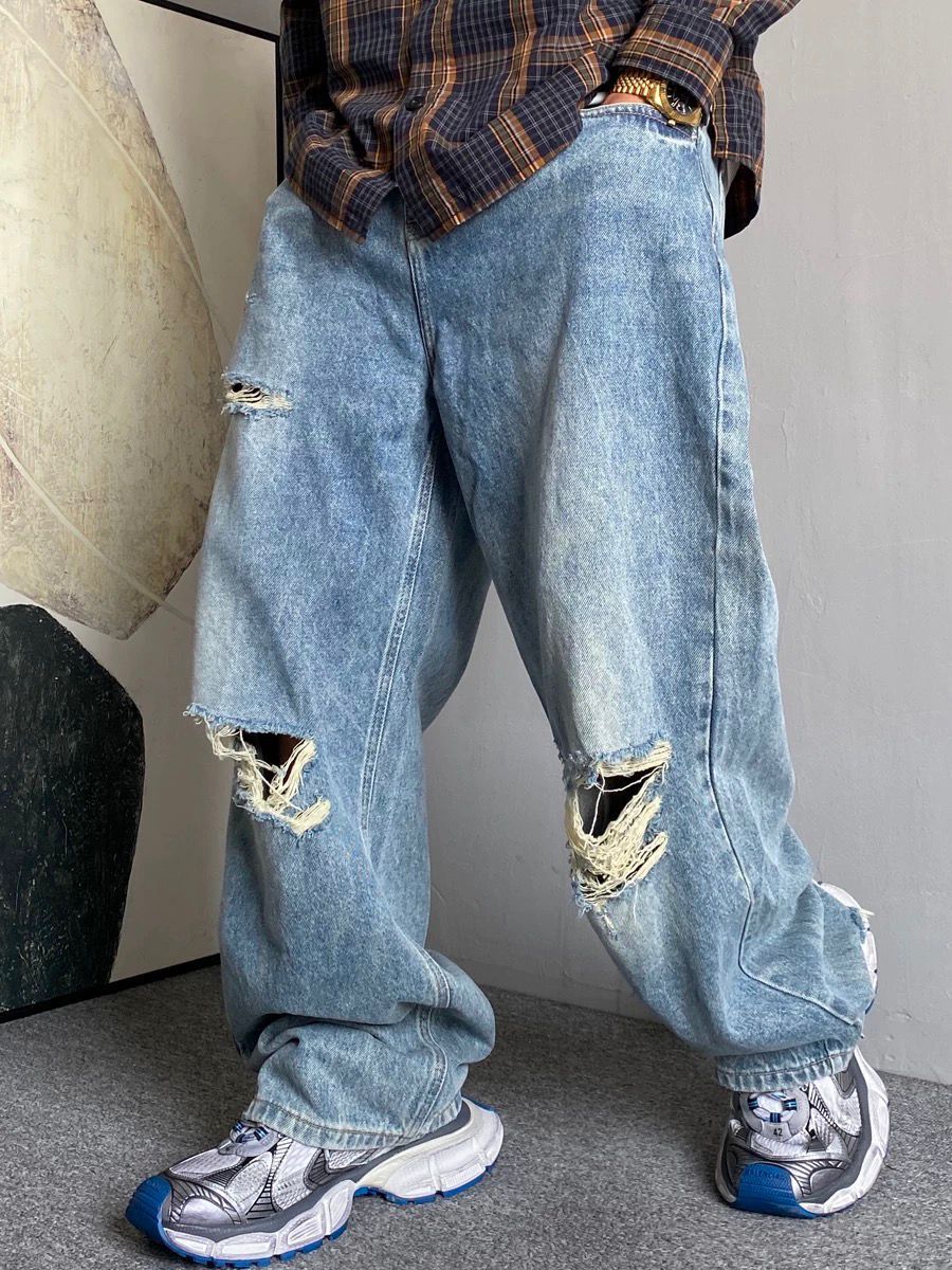 Men's Heavyweight Retro Ripped Jeans Casual Edgy Straight Leg Loose Fit Wide Leg Floor Length Dad Pants_mkmklike.com