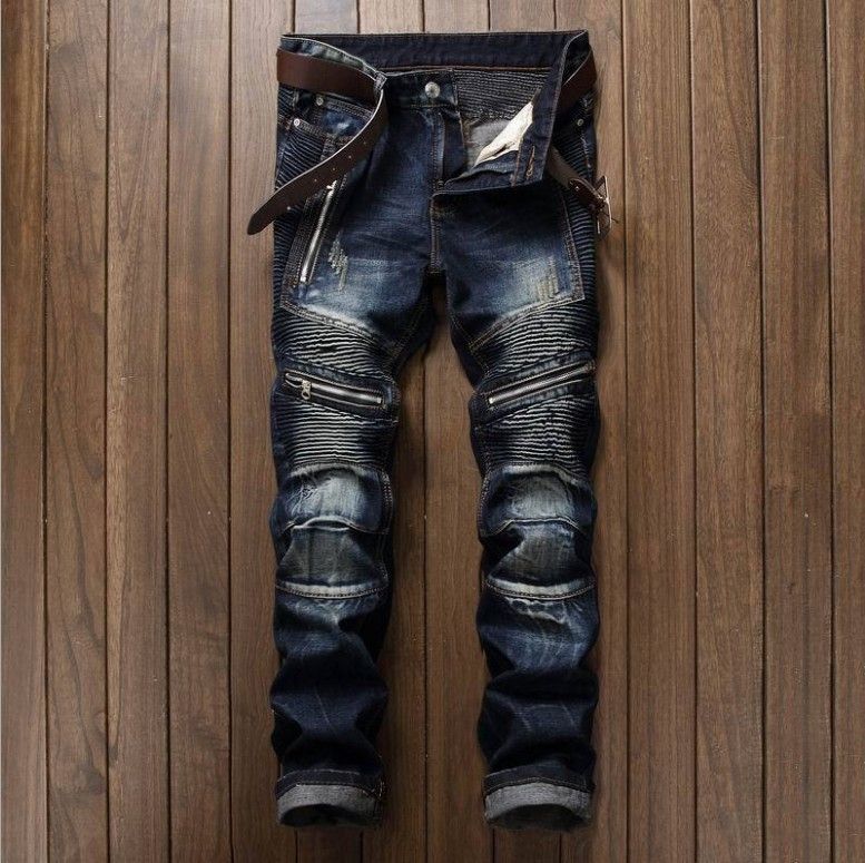 Men's Slim Fit Straight Leg Jeans Autumn Midweight Cotton Mid Waist Wide Leg Motorcycle Snowflake Pattern With Pleated Zipper_mkmklike.com