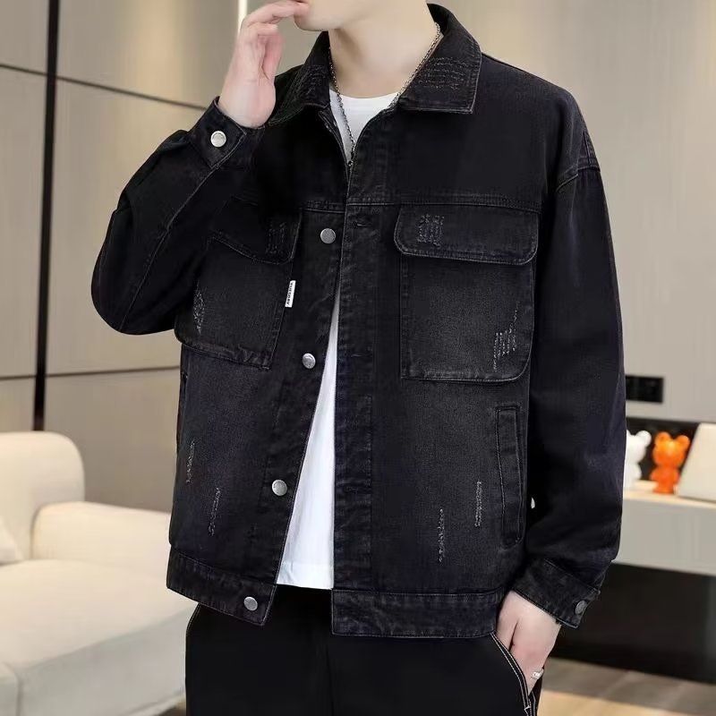 Men's Denim Jacket Slim Fit Casual Spring Autumn Vintage Workwear Coat With Pockets_mkmklike.com